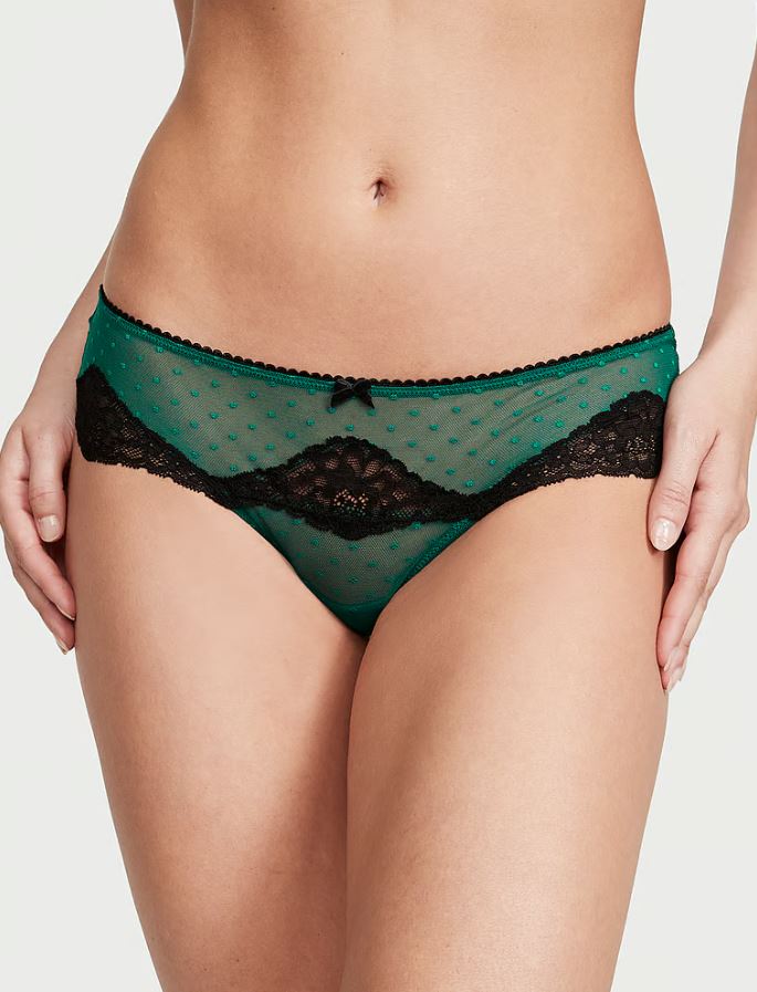 Lace-Trim Dotted Mesh Hipster Thong Panty